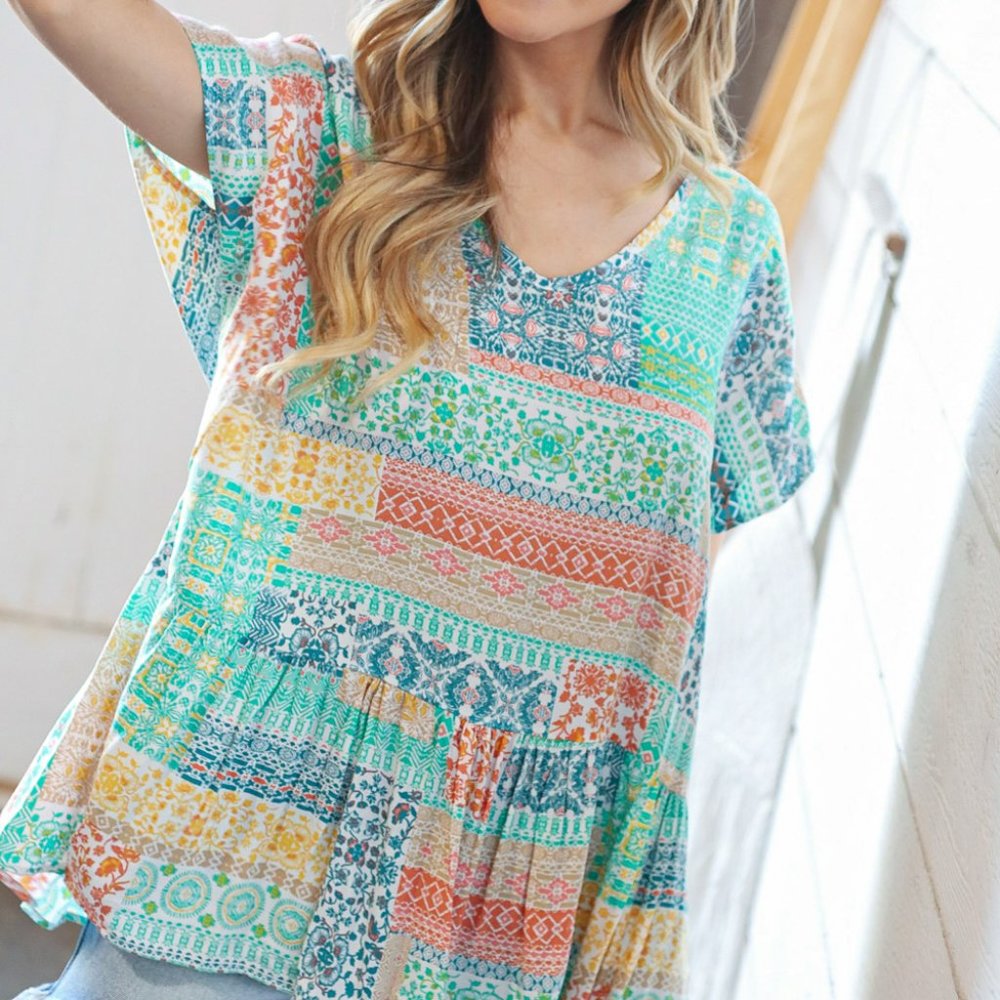 Haptics Boho Patchwork Print Rayon Challis V-neck Blouse